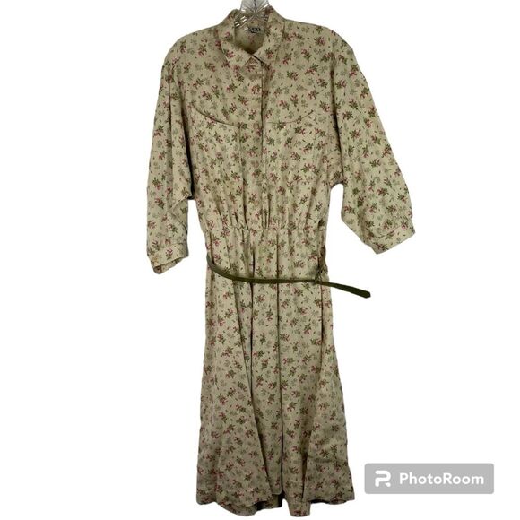 Reo Vintage Green Khaki Floral Half Button Down Dress Belt Pockets 14 - Picture 1 of 14